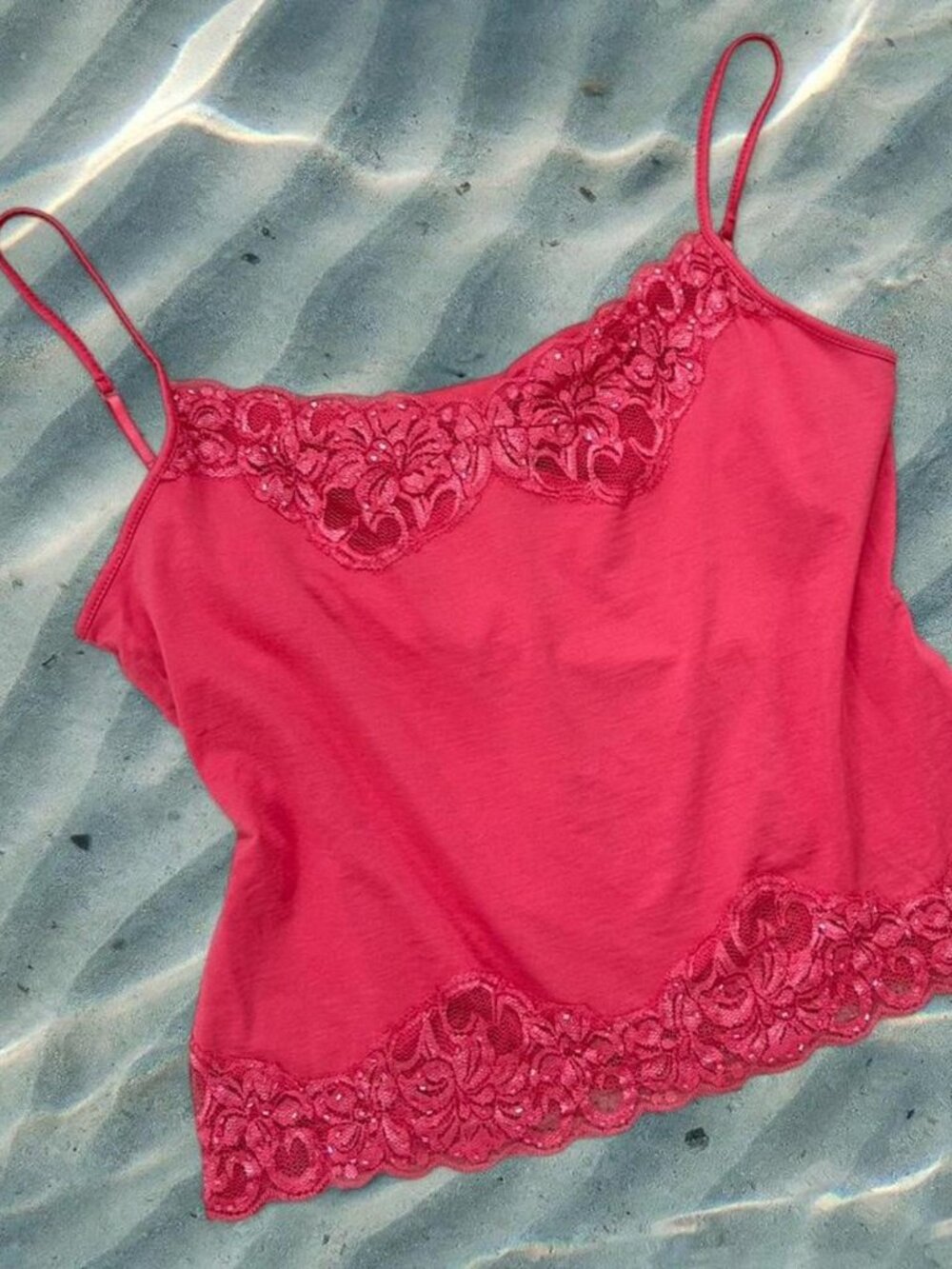 Vintage Y2K Hot Barbie Pink Beaded Silk Cami Layering Tank ⭐️ Fresh Twist